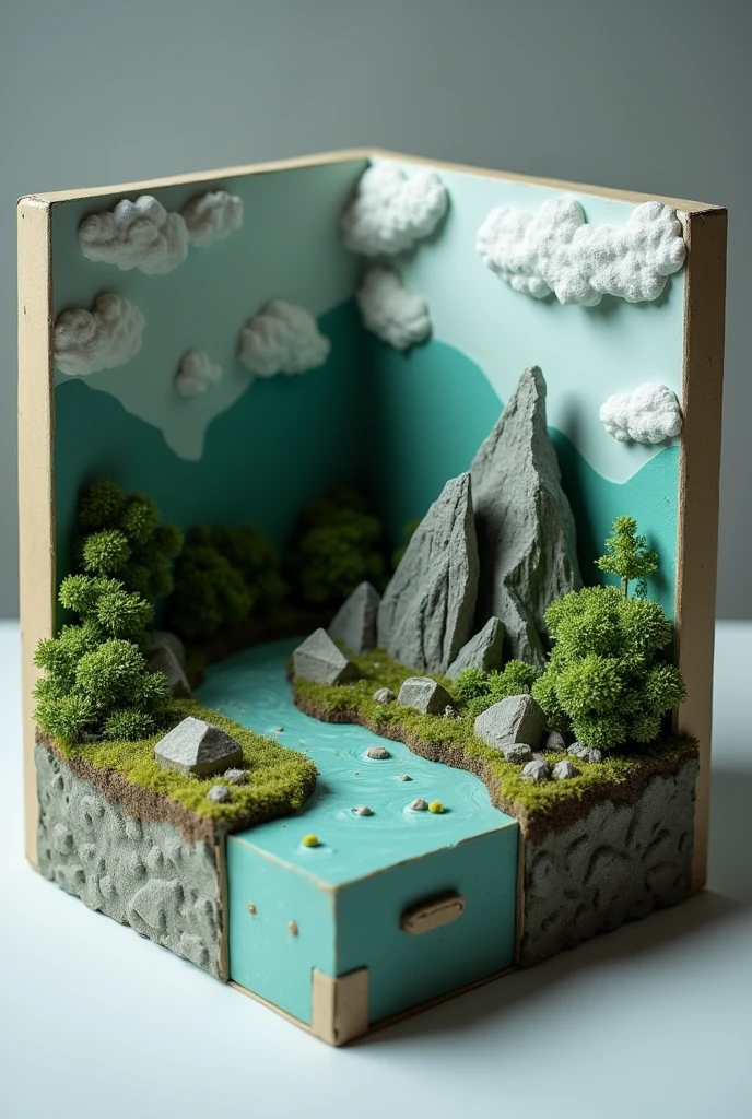 Shoebox model of an installation on acid rain and pollution, that on the right side there is a 3d mountain and on the left side a type of river and bushes, On the top there are clouds and the walls of the box painted like a sky suitable for the theme and on the ground there are rocks and a little grass ACID RAIN AND POLLUTION