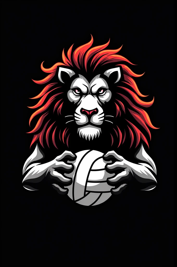 Create a logo for a volleyball team that is black and decorated with a lion and a ball in the middle