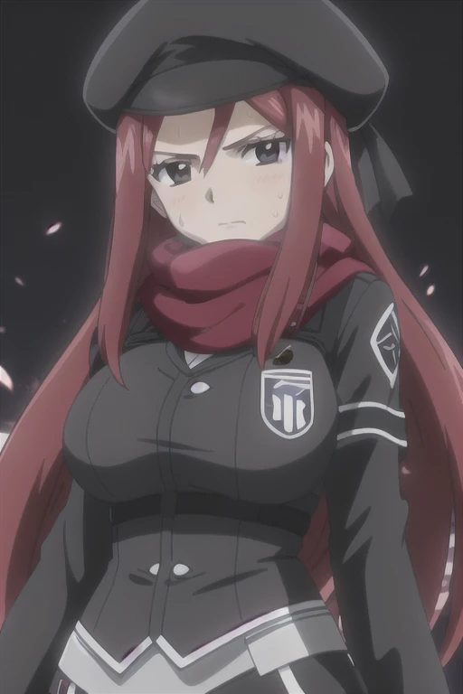 1girl, solo, Erza Scarlet, Fairy Tail, red hair, long hair, big breasts, facing the viewer, looking at viewer, sidelocks, black uniform, long sleeves, (bulletproof vest), (black scarf), black beret, (black hat), (badges), (simple dark background), aroused facial expression, blush, sweat, close-up