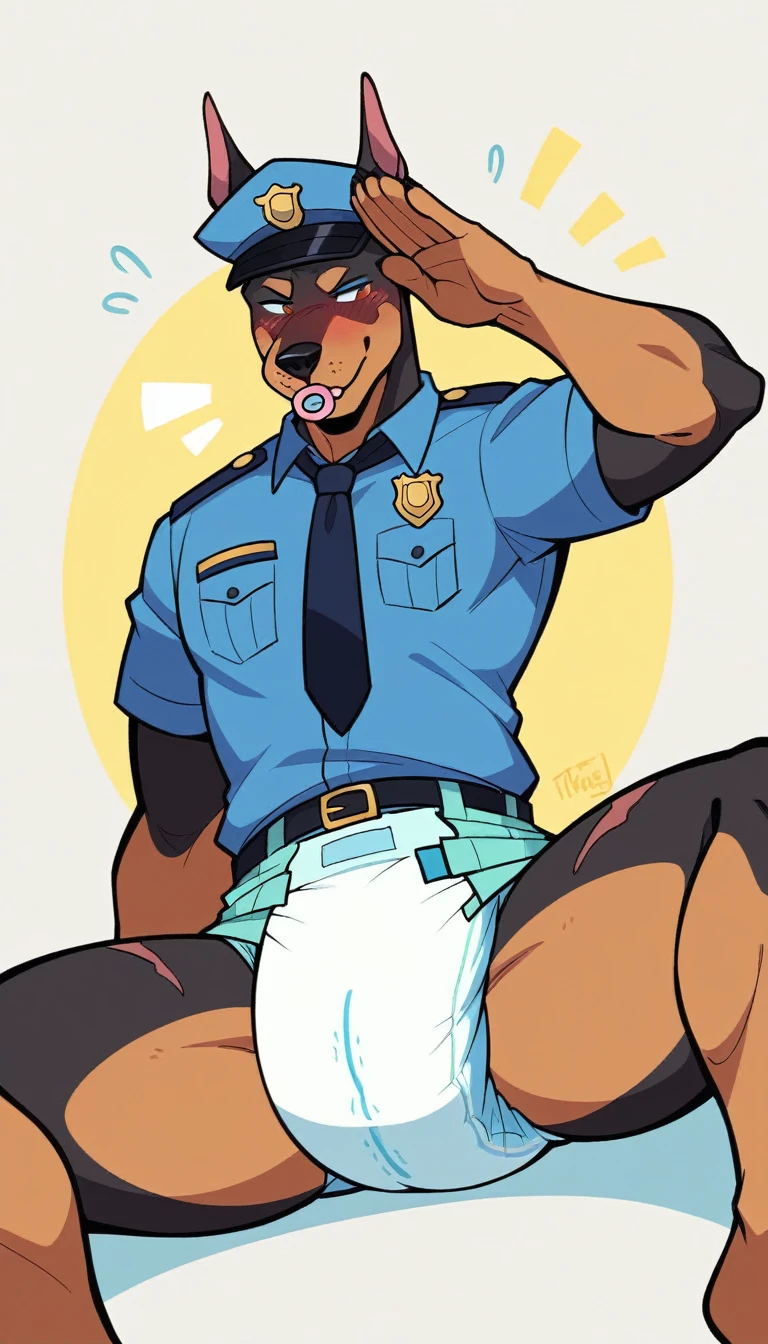 1 person、(((Male doberman with a dirty diaper)))、(middle aged)、Stubble、Furry、masterpiece、Highest quality、Sucking a pacifier、salute、Scars all over the body、Spotlight、Proud face、blush、vapor、Yellow water is trickling down his legs、Police Officer