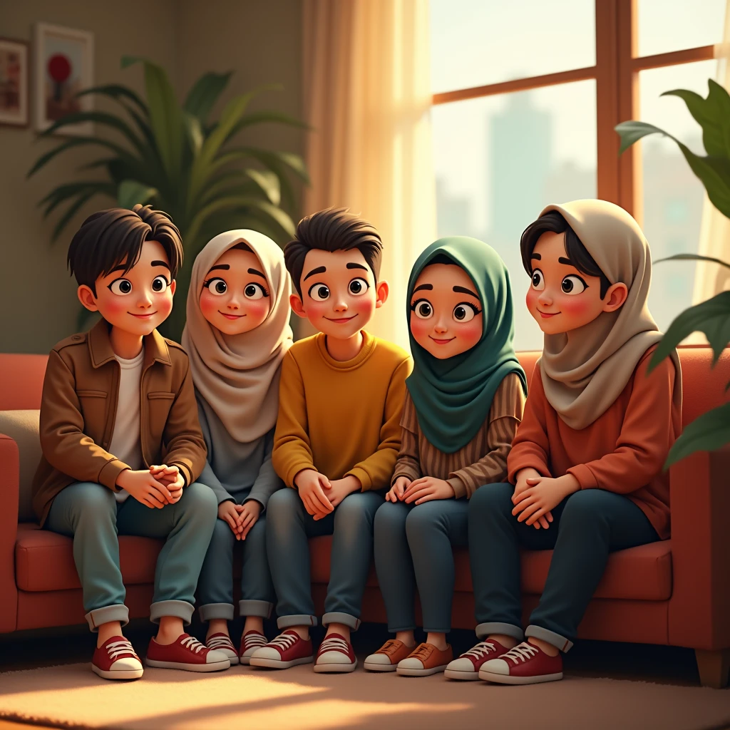 ((3 males sitting)) and ((3 hijabbed females sitting)), caricaturized, cute face, just concentrate, casual fashion, fantasy art, happy expression, extreme detail, masterpiece, cinematic lighting, 4k, indoor background