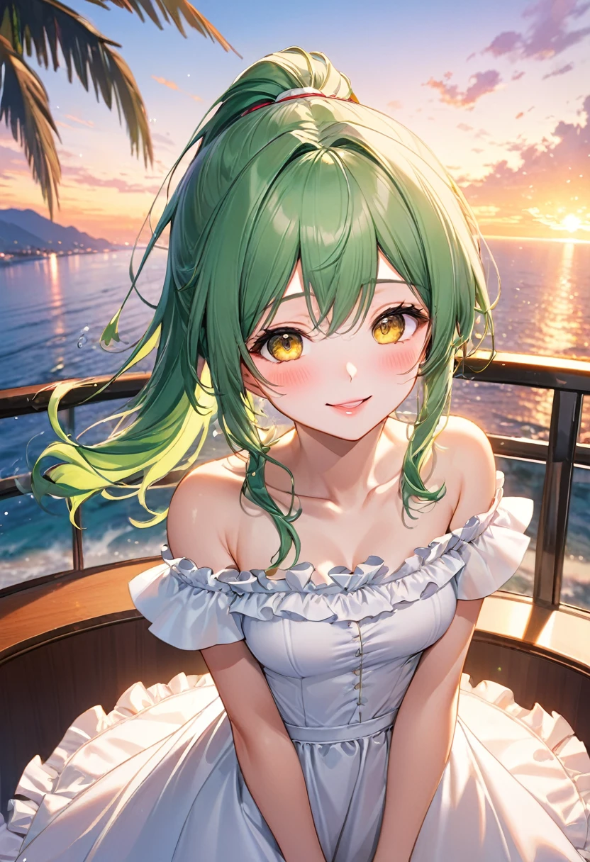 (ecstasy style), (frontale, pov), (looking up, solo:2, 15 yo), (beautiful ponytail) (glossy beautiful green hair long hair) (beautiful cute girl), (glossy lip, happy smile, best beauty yellow eyeswith pink-Eyeshadow), (medium tits), in a Ruffle off shoulder white dress, break, in the evening, in the hotel's Open Lounge, background beautiful sunset in ocean, BREAK, perfect anatomy, masterpiece, best quality, 16k, beautiful detailed Dim, daydreaming expression.