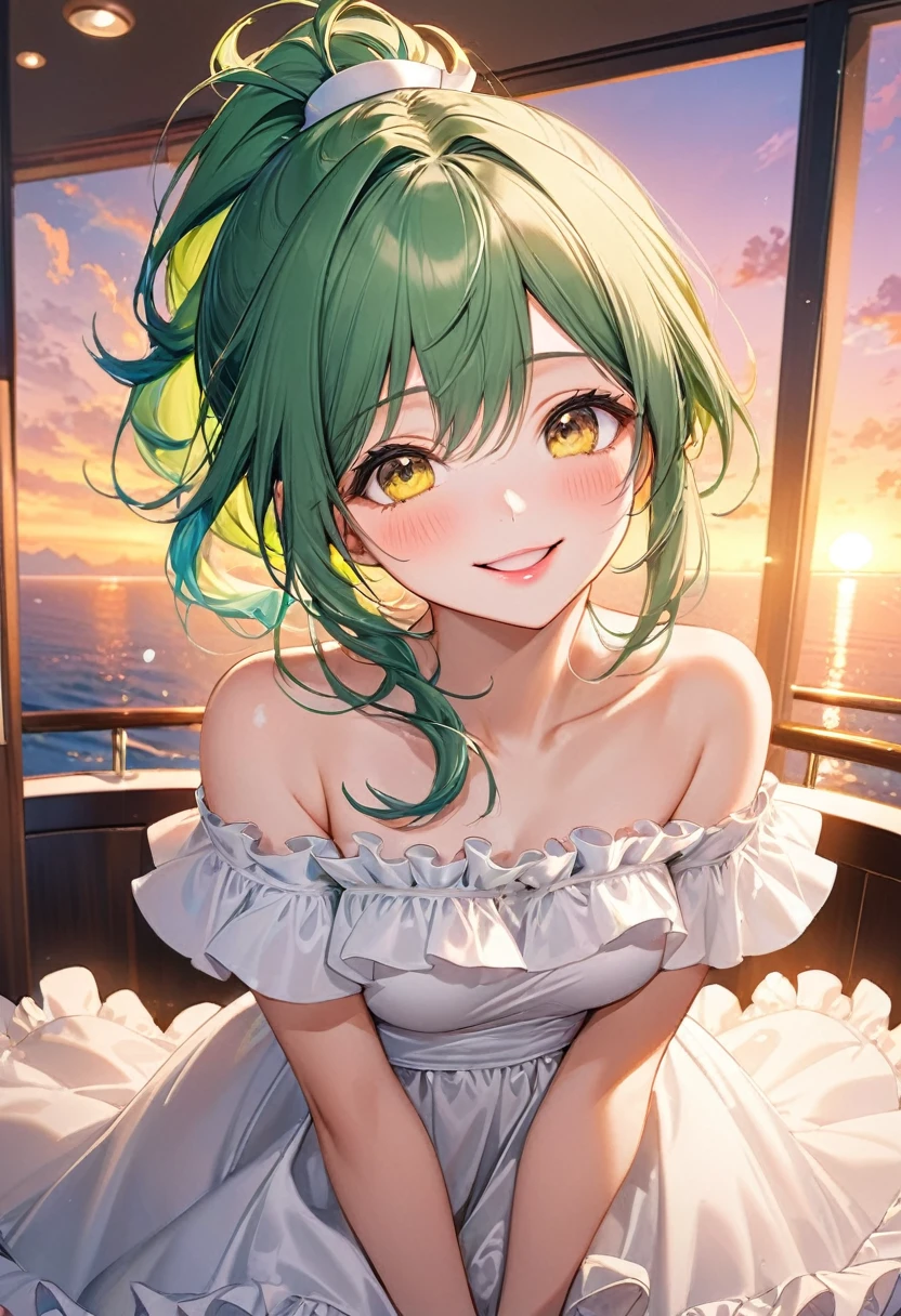(ecstasy style), (frontale, pov), (looking up, solo:2, 15 yo), (beautiful ponytail) (glossy beautiful green hair long hair) (beautiful cute girl), (glossy lip, happy smile, best beauty yellow eyeswith pink-Eyeshadow), (medium tits), in a Ruffle off shoulder white dress, break, in the evening, in the hotel's Open Lounge, background beautiful sunset in ocean, BREAK, perfect anatomy, masterpiece, best quality, 16k, beautiful detailed Dim, daydreaming expression.