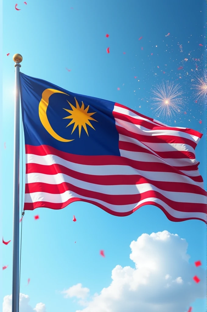 "A majestic close-up of the Malaysian flag (Jalur Gemilang) fluttering in the wind against a bright blue sky. The flag's vibrant colors—red, white, blue, and yellow—stand out vividly, symbolizing unity and patriotism. In the background, faint silhouettes of fireworks and confetti add a celebratory feel, evoking the spirit of National Day celebrations."