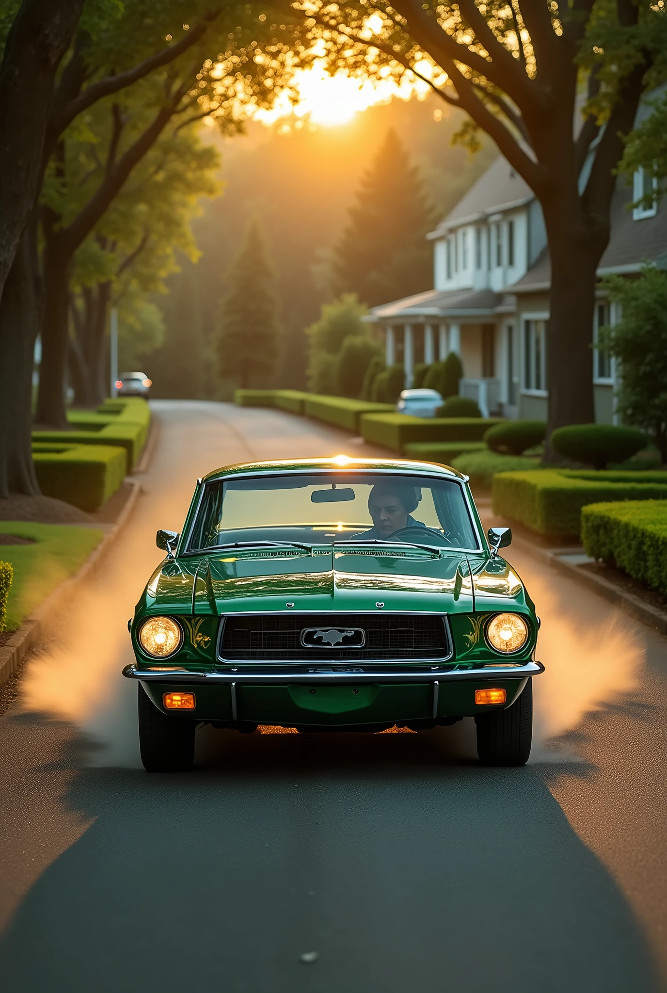 Green car driving home from work 