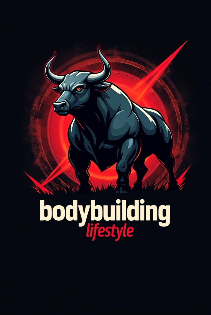 Design a powerful and dynamic logo for a brand featuring a strong, muscular bull as the central figure, symbolizing strength, power, and determination. The bull should have well-defined muscles, with a stance that conveys energy and dominance, embodying the essence of bodybuilding and fitness. Use sharp, angular lines to emphasize the bull's muscular build and add a sense of intensity. Incorporate bold, dark tones like black, deep red, or metallic gray to create a fierce and commanding presence. The logo should include the phrase 'BODYBUILDING LIFESTYLE' in a bold, modern font that complements the aggressive and energetic vibe of the design