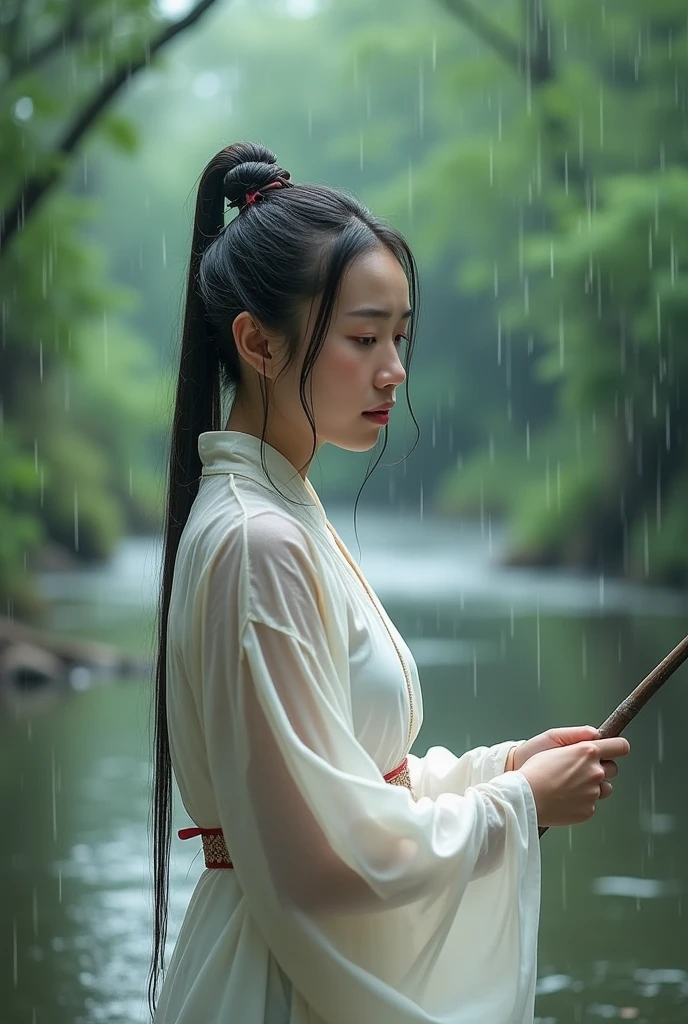 Personality traits"Ancient Chinese women of the Hanfu period"Very detailed images,,"A wide view shows the details of the vast forest. She is completely soaked..,Wearing a thin white villager's outfit, standing and fishing by the river while it's raining, the camera angle shows the face and the whole body.,See every detail of the body and proportions,"A very light rain-soaked outfit reveals a figure with a tight fabric looking at the camera.