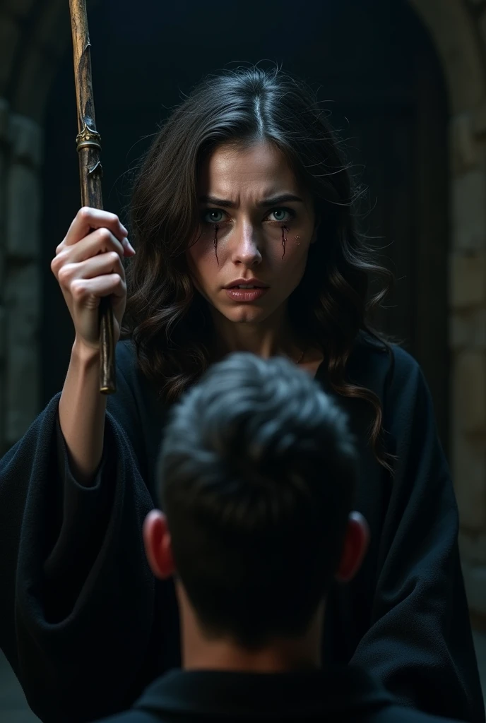 A woman with wavy dark brown hair and blue eyes pointing her wand at a man from behind, she is crying.