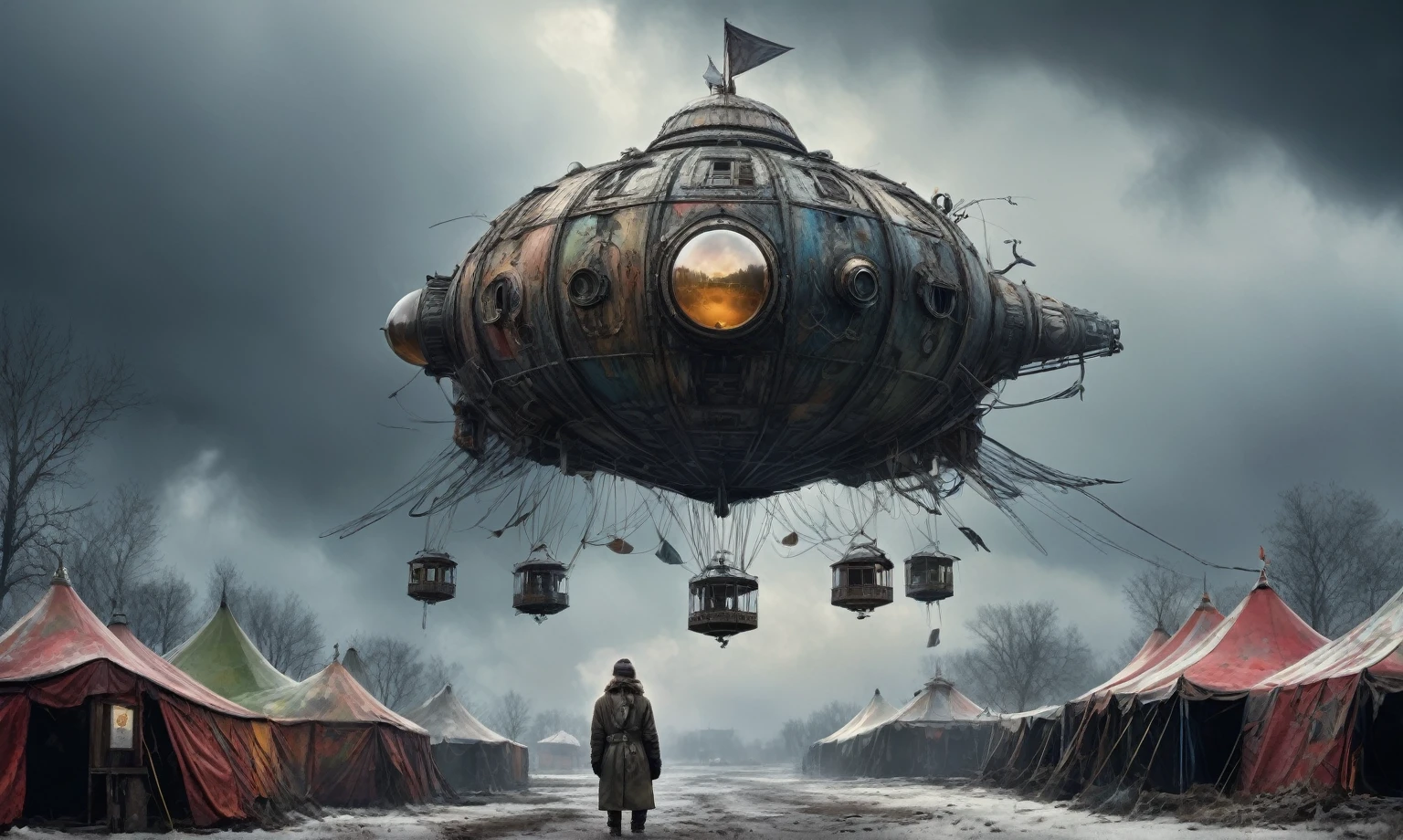 insane pilot from USSR , camouflage Rusty, after a psychiatric clinic,winter,intricate landscape,slate grey atmosphere,film grain,faded,eyes extremely detailed,another world,view from height,once pretty face,eyebrow up,full body shot,ominous landscape, Simon Stalenhag,Nicola Samori,full body shot,beggar niobium The Alien Entity,Technicolor,natural skin textures, hyper realism, hyper detailed,Extremely detailed,High contrast,Masterpiece,Realistic,Ultra Detailed, intricate details,realistic humid leather,extremly intricate,Epic Realistic, cinematic style,irina yermolova,high contrast,hdr,extremely detailed, deep night landscape,masterpiece,intricate details,faded,eyes extremely detailed, high detailed eyes,8k resolution,RAW,retina, Nikon Z9,China,tkt style, transition between two art styles, Ink painting to photorealism, Double contact, X-ray, Creative, vivid light, masterpiece, fantasy, Abstract Surrealism, super detailed, high resolution, stop:35;Her skin is pale, almost translucent,a hot air soars through the layers of clouds, revealing a colossal and enigmatic cityscape nestled within. The buildings in this ethereal city are adorned with intricate details and exude an aura of mystery. Above the cityscape, lend an enchanting touch to the scene. steampunk. The intricate mechanics create a sense of wonder and fascination, as if stepping into a dreamlike realism,Marta Bevacqua, ais-sinisterz, a derelict circus in the middle of a swamp, remnants of colorful tents, a silent carousel with spectral monsters, all under a sky heavy with storm clouds