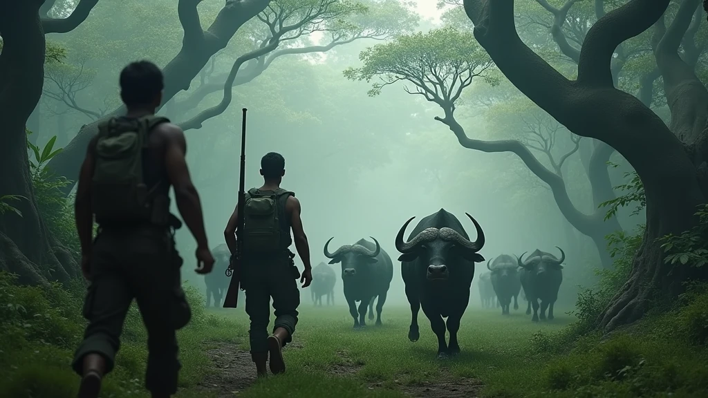 Two Indonesian hunters with guns run after a herd of buffalo in a strange forest, staring from behind. 8k  