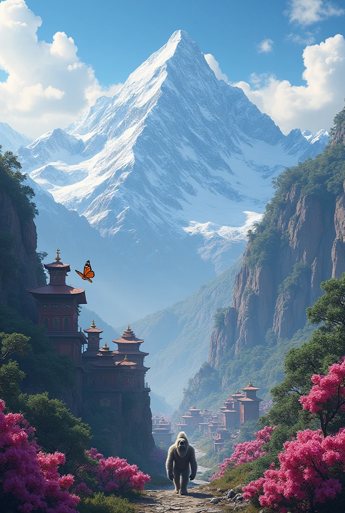 Nepal with mountains, yeti, temples, monestry, monarch, rhododendron 