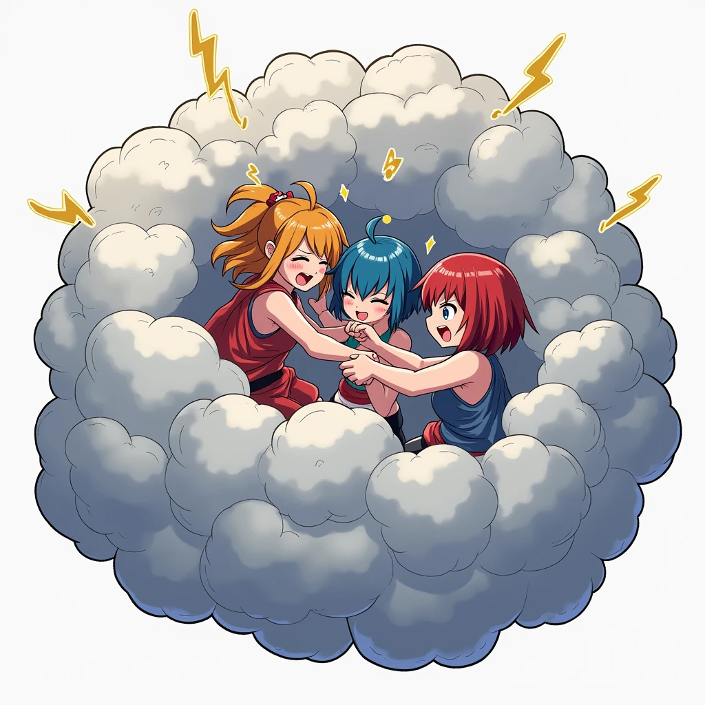 An anime-style illustration depicting kaminari-girls playfully wrestling with each other inside a gray comical fight cloud (thunder cloud).
each kaminari-girl has different colored hair.
their faces,hands,and feet are visible emerging from the cloud as they tussle humorously, with the rest of their bodies completely hidden inside the cloud.
the illustration emphasizes the humorous and energetic nature of their scuffle,with a fluffy and exaggerated fight cloud.