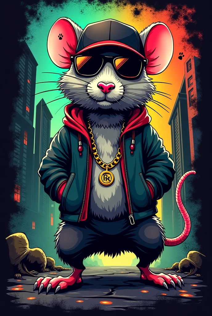 Design Description for Rat Prints:

Design a series of rat-themed prints and graphics for oversized t-shirts. The main design should include a stylized rat with a cunning and confident expression., that reflects intelligence and agility. This rat must have an urban style, vistiendo Accessories como una pequeña baseball cap ladeada o gafas de sol modernas, to give it a street and fresh look.

Design Elements:

	1.	Main character: A rat with subtle fur details and bright eyes that convey cunning. It can be in different poses: standing, running or in attack position, showing dynamism.
	2.	Accessories: Sunglasses, baseball cap, gold chains, and a small tattoo on the ear, like a rebellious touch.
	3.	artistic style: A mix of urban art and graffiti, with strong lines and a graphic style that is modern and striking. Incorporate spray paint details and stains for a more authentic effect.
	4.	Additional Details: Include small background elements such as silhouettes of moving rats, paw prints, and symbols of the city (buildings, bricks, Neon lights).
	5.	Text: Optionally, include words or phrases such as “Rat King”, “Urban Cunning” or “Street Master” in modern typography, that complement the design without overloading it.

Color palette:

	• Dark Colors: Use black bases, Dark grey or navy blue for the shirt. Rat charts may include shades of gray, black and white, with details in vibrant colors.
	• Bright Colors: Add touches of bright colors like red, neon green, yellow or electric blue to highlight certain elements such as the eyes, Accessories, the text.

Design Objective: Create a look that is striking and recognizable on video, reflecting a cunning personality, creative and energetic, Perfect for standing out in TikTok battles.