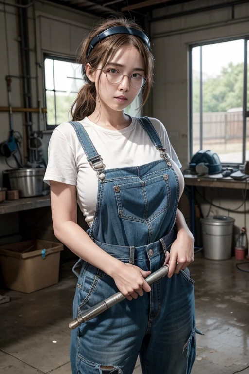 One female, Mr.々Hair style,, big ,Large Breasts,Plump,Sunburn,good,Firm, round, huge breasts,
A scene in which a female engineer adjusts a complex device in a factory filled with the sounds of steam and machinery.,She is dressed in tough, functional work clothing, consisting of deep blue overalls and a thick work shirt.,His shirt cuffs are rolled up and his hands are covered in grease and oil.,A tool belt is attached to his waist with a hammer and wrench driver hanging from it.,Her hair is tied back and she is wearing a helmet and safety glasses.,The pose shows him bending over the device to make detailed adjustments.,He is using a wrench in one hand and supporting the part with the other.,His expression is serious and focused, and around him are visible machine parts, pipes, and a leaking steam system.,In the background are large gears and steam engines、配管が複雑に絡み合った工場の内部が広がっており彼女が機械の精密な調整を行っているMr.子が強調されている,