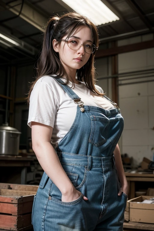 One female, Mr.々Hair style,, big ,Large Breasts,Plump,Sunburn,good,Firm, round, huge breasts,
A scene in which a female engineer adjusts a complex device in a factory filled with the sounds of steam and machinery.,She is dressed in tough, functional work clothing, consisting of deep blue overalls and a thick work shirt.,His shirt cuffs are rolled up and his hands are covered in grease and oil.,A tool belt is attached to his waist with a hammer and wrench driver hanging from it.,Her hair is tied back and she is wearing a helmet and safety glasses.,The pose shows him bending over the device to make detailed adjustments.,He is using a wrench in one hand and supporting the part with the other.,His expression is serious and focused, and around him are visible machine parts, pipes, and a leaking steam system.,In the background are large gears and steam engines、配管が複雑に絡み合った工場の内部が広がっており彼女が機械の精密な調整を行っているMr.子が強調されている,