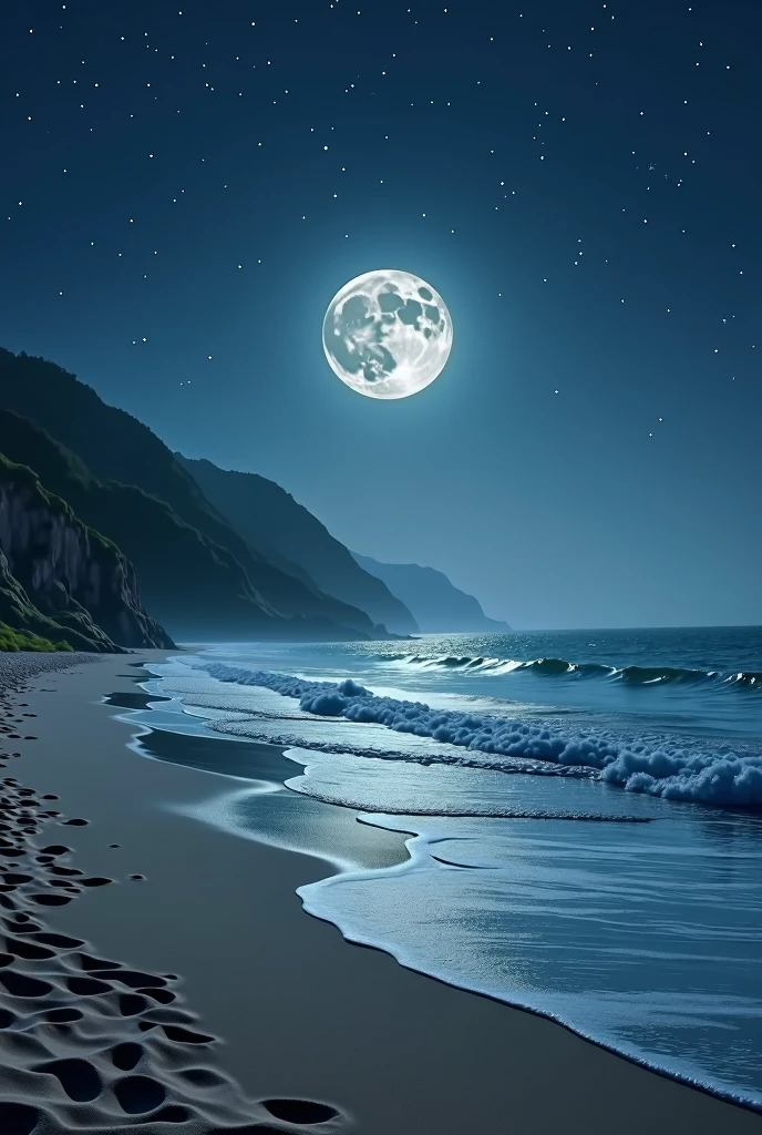 A coastal landscape with moonlight at the seaside on the beach in a square image with the name Emerson Felix written in letters harmonized with the image
