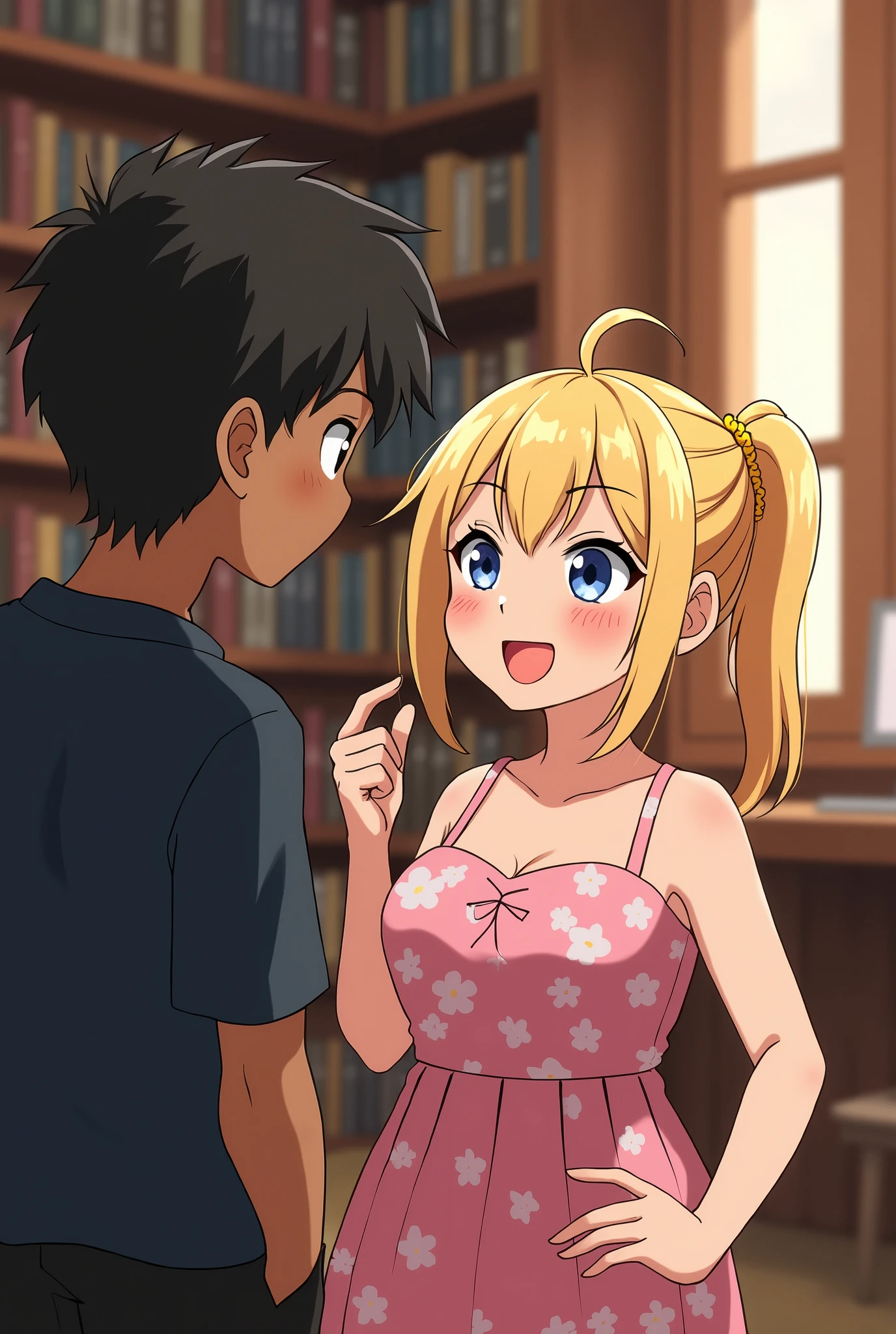 Create an image of an anime-style woman with blonde hair and lighter blonde highlights, tied back in a ponytail. She has a round face, bochechas grandes, is chubby, and is wearing a dress with pink flowers. She has green eyes and is talking to a tall boy., with medium length black hair, blue colored eyes, wearing black clothes and with brown skin tone. The scene must be set in a library