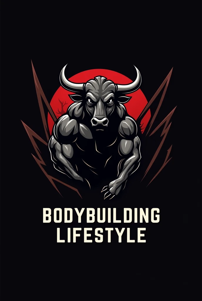 Design a powerful and dynamic logo for a brand featuring a strong, muscular bull as the central figure, symbolizing strength, power, and determination. The bull should have well-defined muscles, with a stance that conveys energy and dominance, embodying the essence of bodybuilding and fitness. Use sharp, angular lines to emphasize the bull's muscular build and add a sense of intensity. Incorporate bold, dark tones like black, deep red, or metallic gray to create a fierce and commanding presence. The logo should include the phrase 'BODYBUILDING LIFESTYLE' in a bold, modern font that complements the aggressive and energetic vibe of the design