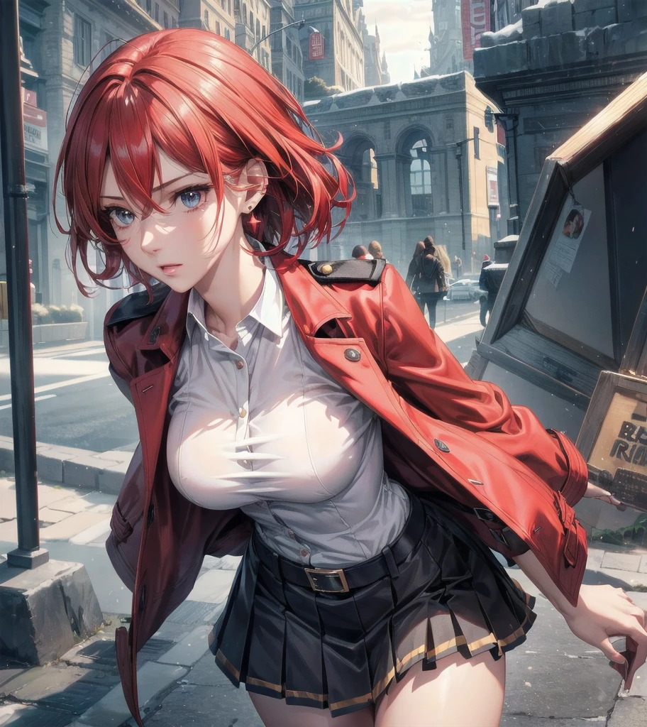 A teenage girl,Red Short Bob,Hair band on the head,Green eyes,big breasts,