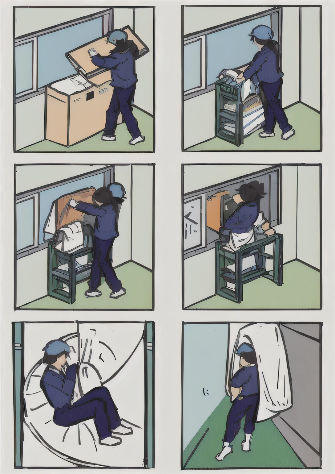 In the room々Cartoon of a man doing something, In a Japanese apartment, Work safety. figure, (software) Safe at Work, Daily life, Color Comics, Precise design of comics, IKEA Manuals, Manga style, 🚿🗝📝, One-frame comics, comic figure, Windows, accurate figure, Cartoon Panel, hikkikomori,"Create a vertical illustration that clearly demonstrates the usage of an emergency evacuation device. The illustration should follow the layout and structure of the reference image provided, ensuring each step of the process is depicted in a clear and understandable manner. This illustration will be used on a display panel to instruct people on how to use the device.
The color scheme should include shades of blue, green, and orange-yellow tones to make the illustration visually appealing and easy to understand. The style should be similar to instructional illustrations or signage, with clean lines and a focus on clarity.
The final image should be delivered as a high-resolution JPG, suitable for printing on large display signs."