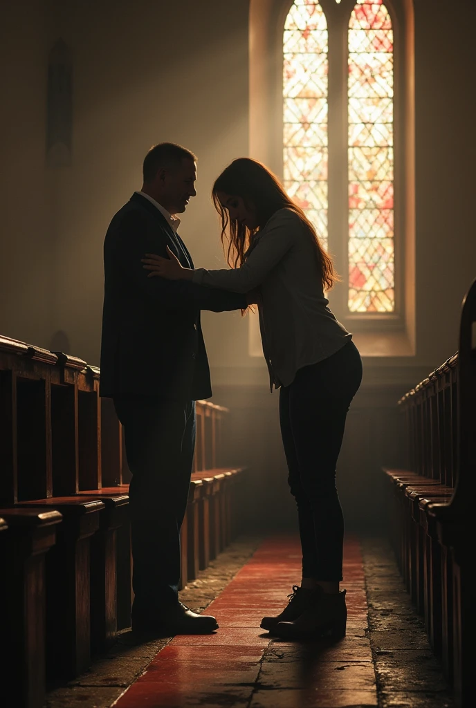 A girl getting beat by her father in church. At the top of the image text reads in a large evil font (((HopesHeart))). At the bottom of the image text reads (((Broken Chromosomes))),