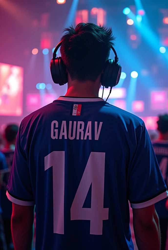 eSports player with Jersey number 14 and player name GAURAV on the back jersey