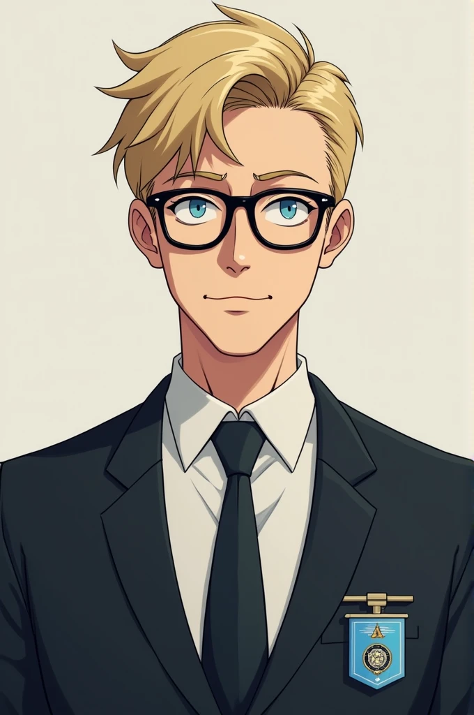 38 year old boy:
- short dark blonde hair and formal hairstyle, one side of the hair touches the eyebrows and the other side is a little higher than the eyebrows, the hair is parted in such a way that the left side is longer than the right.
- black eyebrows.
- slightly dry skin - black-framed glasses - shy smile - wearing a suit - have expression lines on both sides of the mouth when smiling - the upper part of the face is thin but the lower part is a little thinner - wears a blue badge
