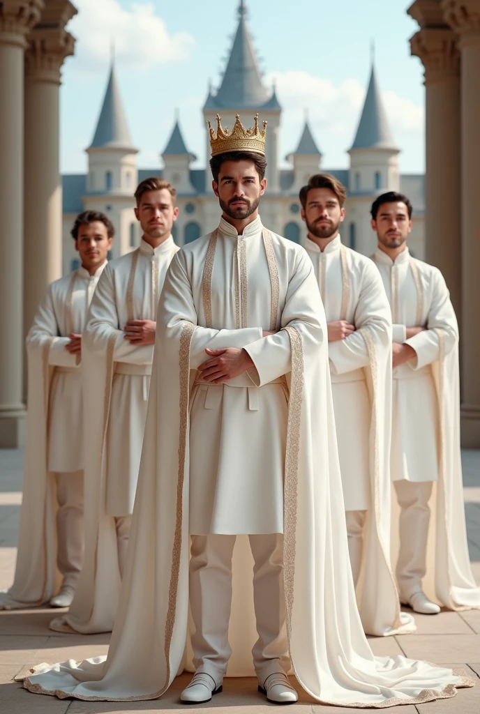 White and white men wear white and light pink prince clothes,wearing a golden crown, castle background, facing the camera