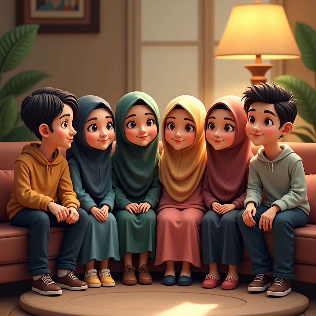 ((3 males sitting)) and ((3 hijabbed females sitting)), caricaturized, cute face, just concentrate, casual fashion, fantasy art, happy expression, extreme detail, masterpiece, cinematic lighting, 4k, indoor background