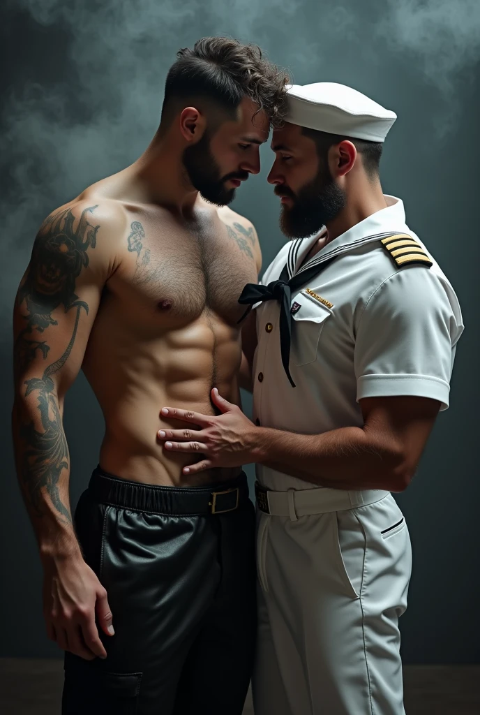 Two men! man in leather and a naval soldier. Wearing a white sailor suit!,, gay art, Finnish style Tom, Finnish Tom, bearded sexy sailor suit triangle thongs, more details, background scattering 1.8 HD 8k real photos! Sex. Chest muscles! Chest hair! ((Monochrome)), ((grayscale)),tattoo. white hair Smoke, movie feeling! Movie lights! Award-winning poster Ambiguous and teasing