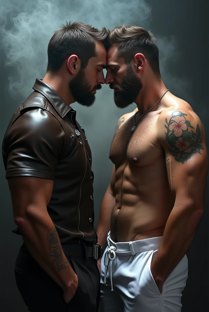Two men! man in leather and a naval soldier. Wearing a white sailor suit!,, gay art, Finnish style Tom, Finnish Tom, bearded sexy sailor suit triangle thongs, more details, background scattering 1.8 HD 8k real photos! Sex. Chest muscles! Chest hair! ((Monochrome)), ((grayscale)),tattoo. white hair Smoke, movie feeling! Movie lights! Award-winning poster Ambiguous and teasing