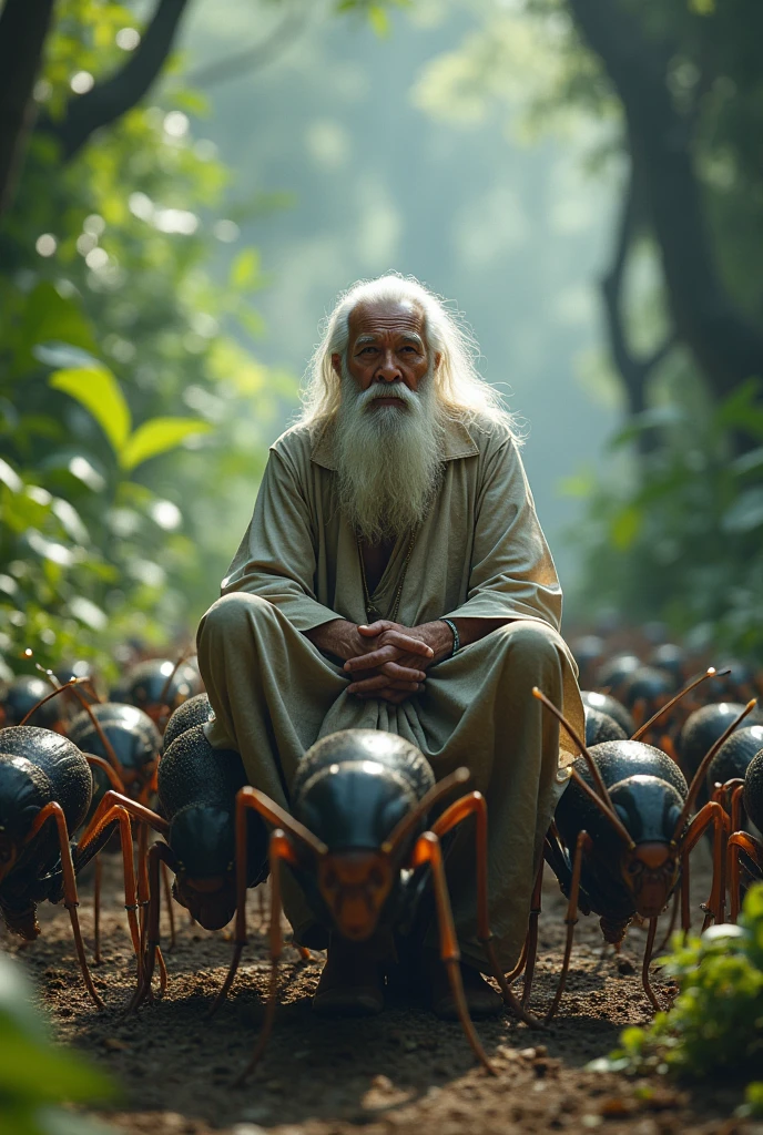 Indonesian grandfather with long white hair riding ants
