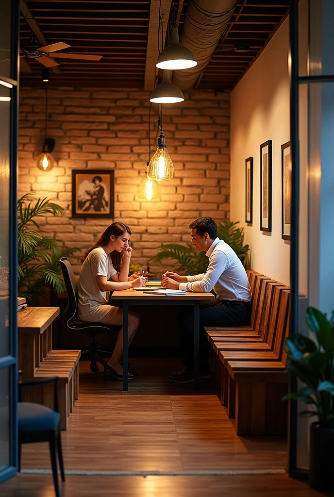 An open office style work area with no windows to the outside, Small, informal 8-seat desk with decorative artificial lighting