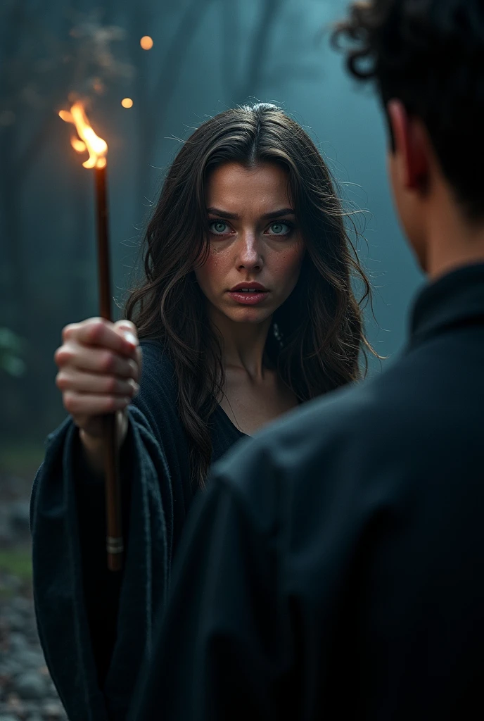 A woman with wavy dark brown hair and blue eyes pointing her wand at a man from behind, she is crying.