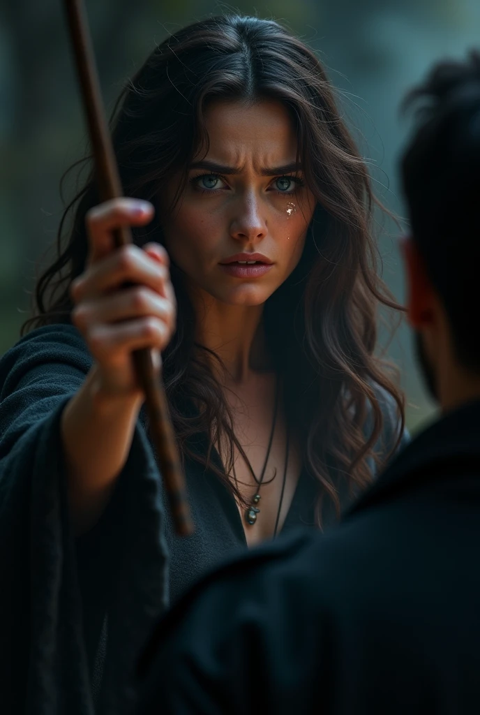 A woman with wavy dark brown hair and blue eyes pointing her wand at a man from behind, she is crying.