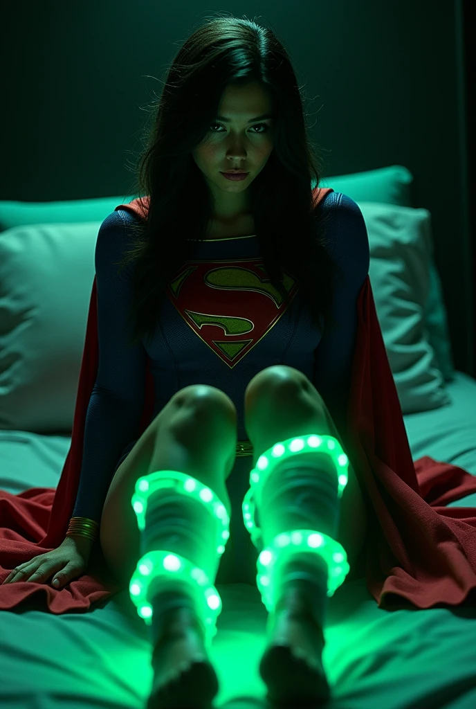 A BONDAGE SCENE WHERE A HOT SUPERGIRL WITH LONG BLACK HAIR WEARING HER ICONIC SUPERGIRL OUTFIT AND CAPE, HER HANDS AND FEET TIED TOGETHER WITH GLOWING GREEN KRYPTONITE ROPE LAYING HELPLESSLY ON ON HER BED, IN A PITCH BLACK ROOM. INCREDIBLE DETAILS, HYPER DETAILED IN 8K RESOLUTION