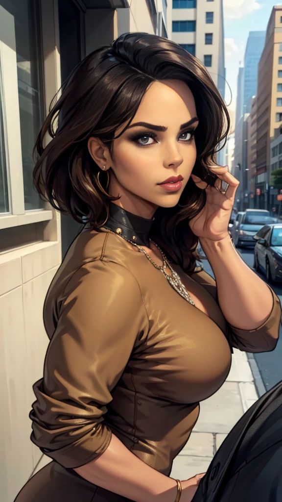 Gorgeous and sultry busty athletic brunette with sharp facial features and a (large nose) and (gigantic boobs) wearing a dark grey jacket, bright red undershirt, skindentation, cleavage, city park