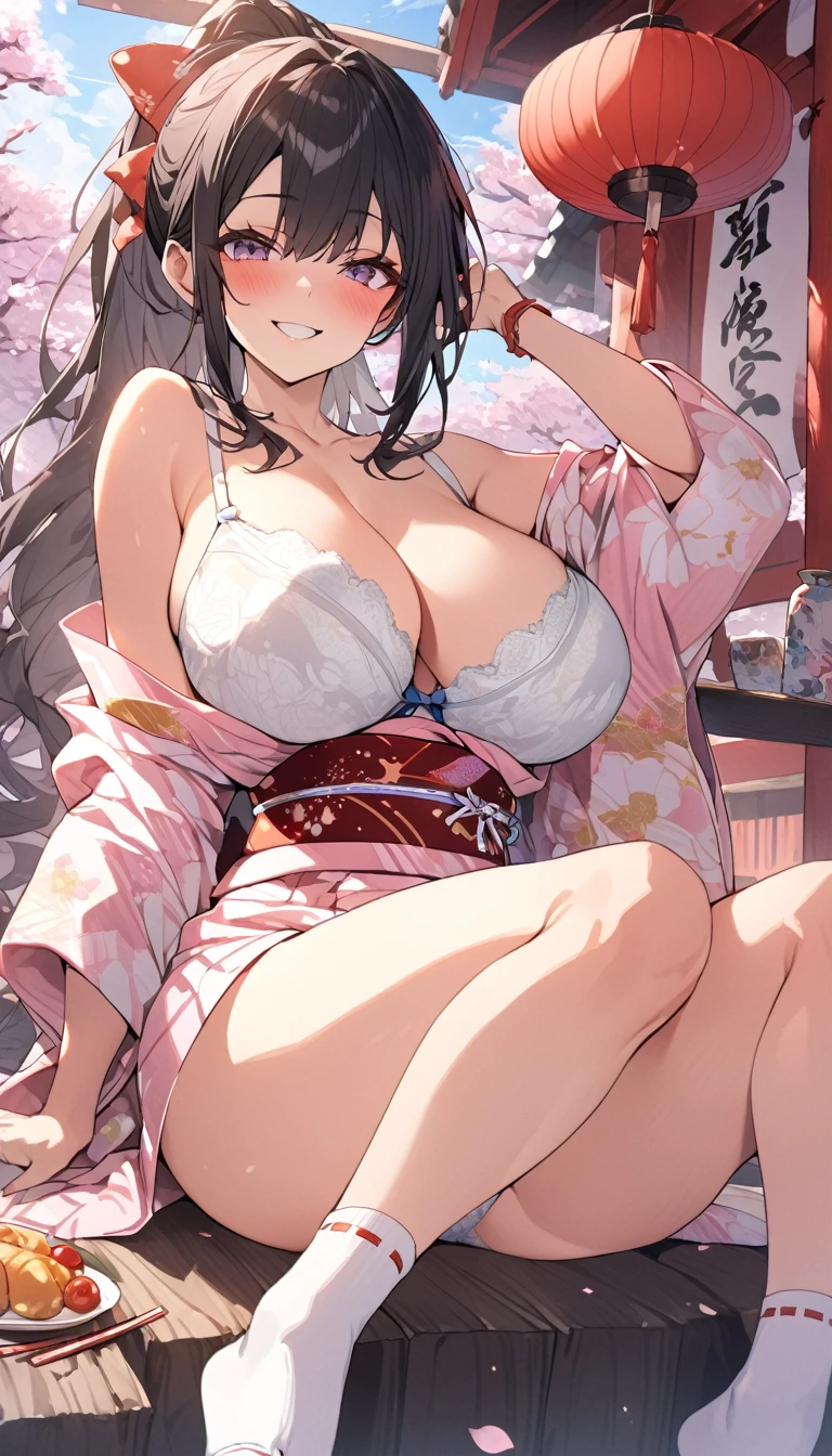 One Woman、beautiful girl、evening、kimono、Beautiful patterned kimono、ponytail、Waraji、School、Back of the school building、spring、cherry blossoms々、はためくcherry blossomsの花びら、Long Hair、Highest quality、Ultra HD、Black Hair、smile、8 heads、White tabi socks、Japanese Umbrella、smile、Cowboy Shot、festival、Many food stalls、Beautiful views、Big Breasts、kimonoがはだけて下着が見える、white lace bra、white lace panties、Lie on your back with your legs spread、Have a、Tipsy