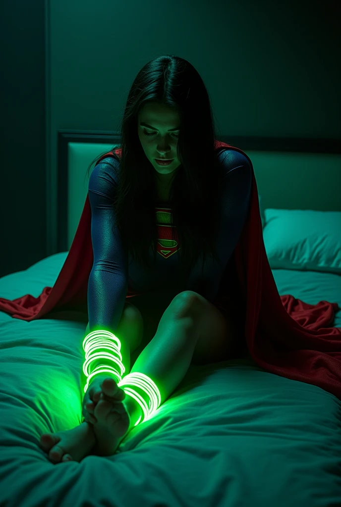 A BONDAGE SCENE WHERE A HOT SUPERGIRL WITH LONG BLACK HAIR WEARING HER ICONIC SUPERGIRL OUTFIT AND CAPE, HER HANDS AND FEET TIED TOGETHER WITH GLOWING GREEN KRYPTONITE ROPE LAYING HELPLESSLY ON ON HER BED, IN A PITCH BLACK ROOM. INCREDIBLE DETAILS, HYPER DETAILED IN 8K RESOLUTION