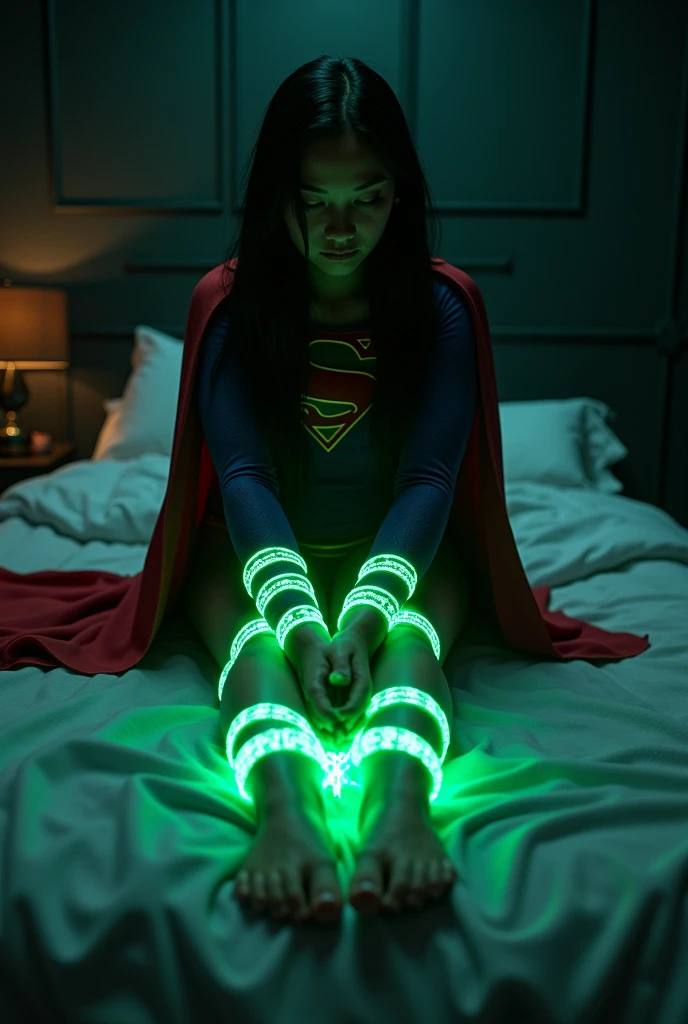 A BONDAGE SCENE WHERE A HOT SUPERGIRL WITH LONG BLACK HAIR WEARING HER ICONIC SUPERGIRL OUTFIT AND CAPE, HER HANDS AND FEET TIED TOGETHER WITH GLOWING GREEN KRYPTONITE ROPE LAYING HELPLESSLY ON ON HER BED, IN A PITCH BLACK ROOM. INCREDIBLE DETAILS, HYPER DETAILED IN 8K RESOLUTION