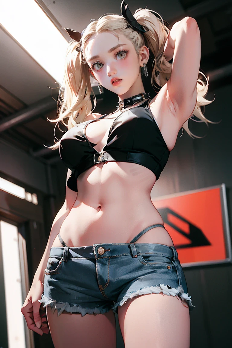 Realistic:1.2, Rocker girl in leather jacket,Slim figure、Normal bust size、 highly Realistic photograph, whole body, Browsing Caution, Spiked clothing,White tank top、Navel exposed、Leather high leg bikini pants、tattoo,Earrings Dark lipstick, blue eyes,Blonde twin tails,Black Ribbon, Beautiful and perfect legs, Confident expression, Punk Style ,Dynamic pose, Dynamic Lighting, Bright colors, Large Breasts, (Adult female body),Narrow waist,((Tall))