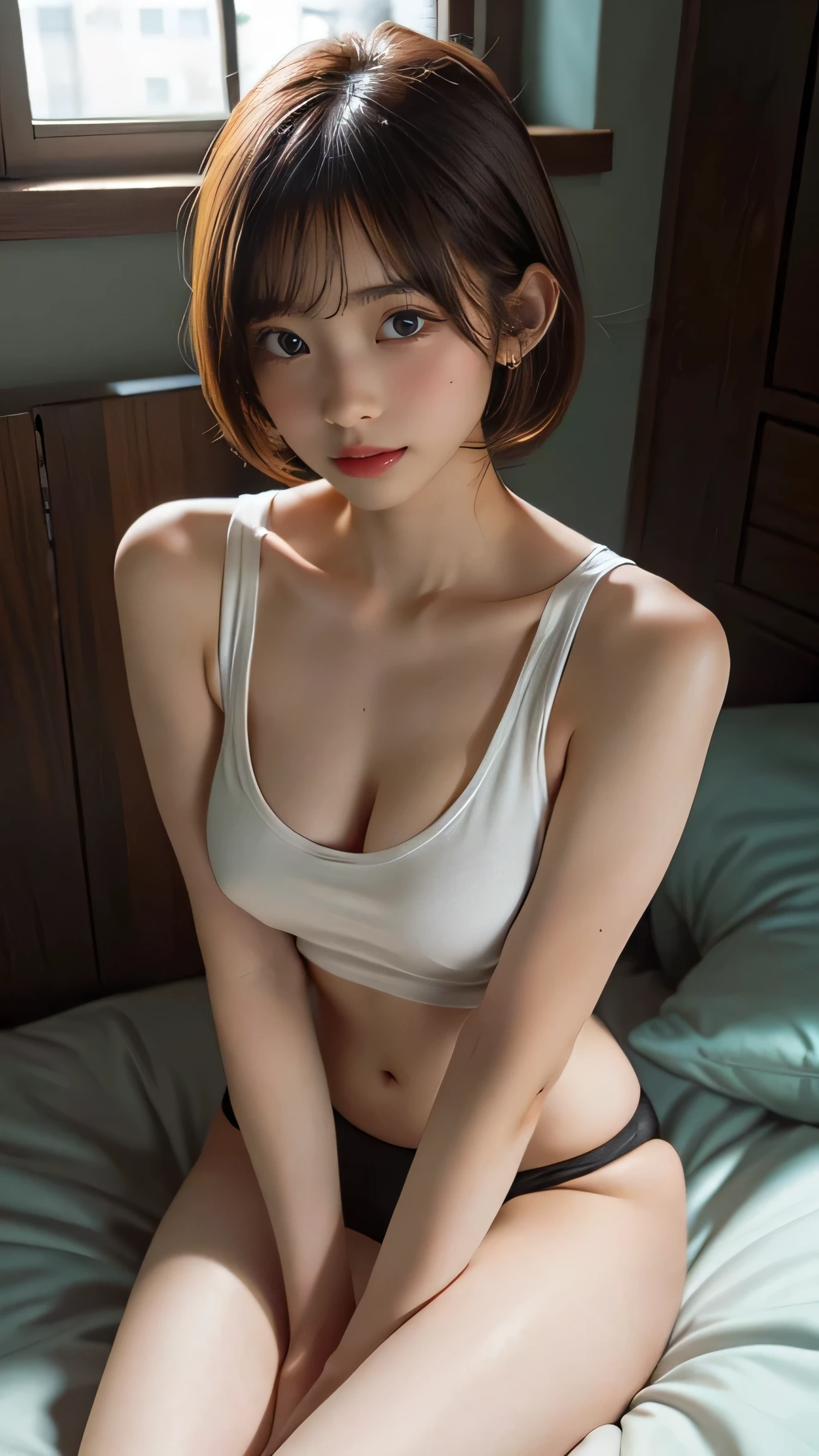 Highest quality,Realistic,masterpiece,detailed,High resolution,Cute ,
breasts, 1 girl, penis, testicles, futanari, futanari masturbation, solo, nipples, erection, masturbation, uncensored, , big breasts, blushing, , grabbing own breasts, pulling up clothes, pulling up shirt, poster (object), short hair, belly button, sweat, sitting, jewelry, earrings, indoors, bottomless, tank top, mole, window, orange hair, pillow, underwear, panties, lips apart, no bra, collarbone, shiny skin, lips, open mouth, shirt, green eyes, veins, realistic