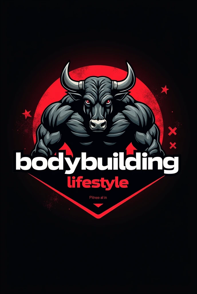Design a powerful and dynamic logo for a brand featuring a strong, muscular bull as the central figure, symbolizing strength, power, and determination. The bull should have well-defined muscles, with a stance that conveys energy and dominance, embodying the essence of bodybuilding and fitness. Use sharp, angular lines to emphasize the bull's muscular build and add a sense of intensity. Incorporate bold, dark tones like black, deep red, or metallic gray to create a fierce and commanding presence. The logo should include the phrase 'BODYBUILDING LIFESTYLE' in a bold, modern font that complements the aggressive and energetic vibe of the design
