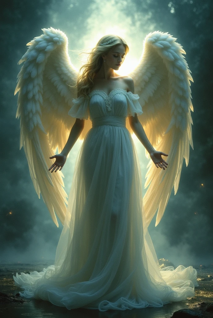 Please create an image of a mysterious and enigmatic angel. This angel should be bathed in an ethereal, radiant light that exudes an aura of celestial mystery and wonder. The angel's pose, setting, and appearance can all contribute to the sense of mystique. Push the boundaries of color, luminosity, and intricate detailing to craft an image that captivates the viewer's imagination and conveys the angel as a divine enigma. Your artistic skills are crucial in bringing this enigmatic angelic vision to life