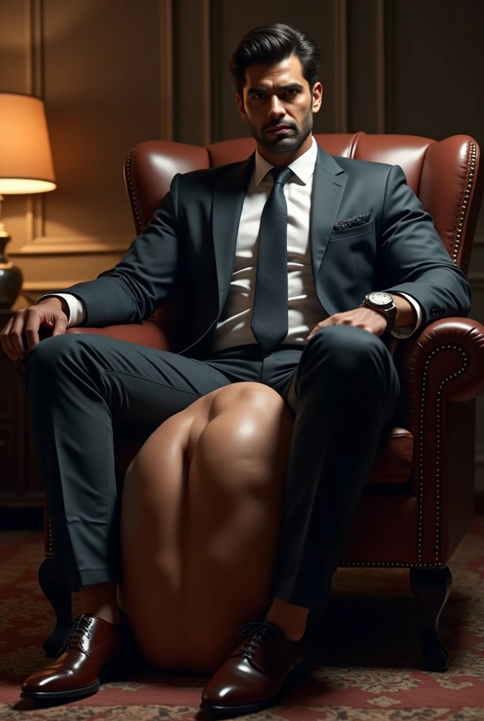 30 years old Indian grey business suit man dark color laying on bed tall and big monster penis, masterpiece 