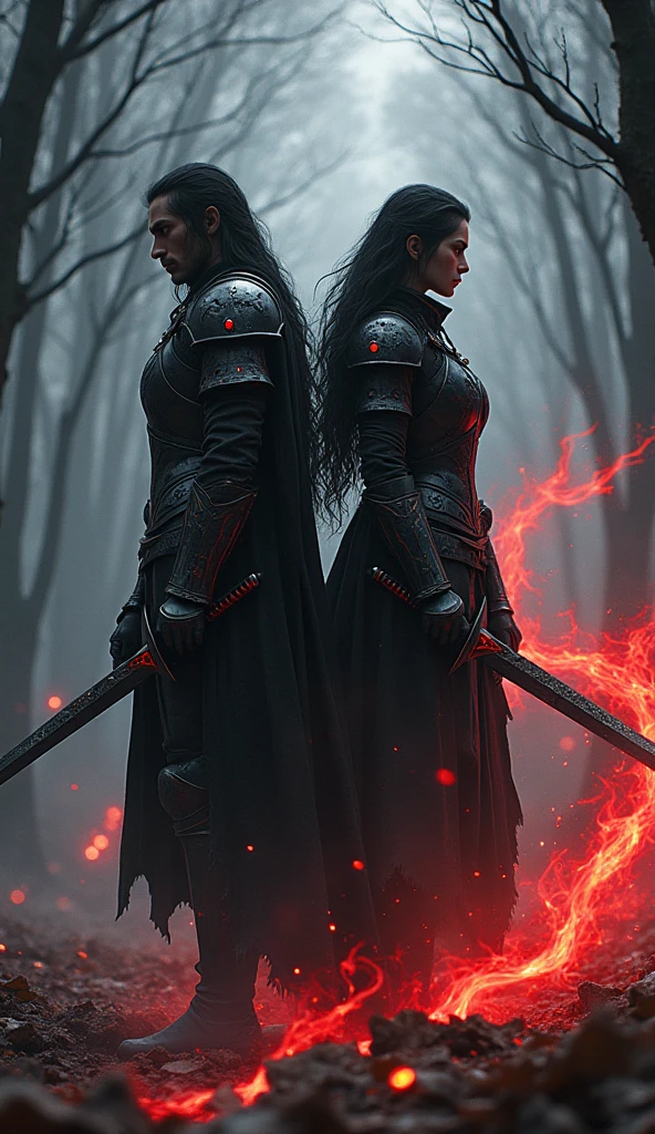 A dark and intense battle scene featuring two powerful knights, Vortex and Varis, standing back-to-back in a shadowy forest.
Varis: A male knight with long black hair, wearing gothic-style black armor adorned with blood-red gems. He is not wearing a helmet. Varis commands a dark power called Blaze Fang, surrounded by flaming wolf-like auras.
Vortex: A male warrior with long black hair flowing behind him. He is wearing a black coat over a white shirt, not armor, and not a helmet. Vortex wields a dark sword with one hand, unleashing his "Shadow Eclipse" attack.
Young Shaman: A young female shaman stands behind Vortex and Varis, gathering mystical energy, preparing to amplify their powers. She is clearly a young woman, not a child.
Environment: The scene is set in a dark, shadowy forest filled with swirling mists. The glowing eyes of the enemy are visible in the background, adding to the tension of the scene."