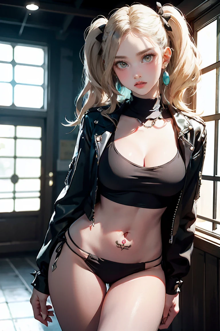 Realistic:1.2, Rocker girl in leather jacket,Slim figure、Normal bust size、 highly Realistic photograph, whole body, Browsing Caution, Spiked clothing,White tank top、Navel exposed、Leather high leg bikini pants、tattoo,Earrings Dark lipstick, blue eyes,Blonde twin tails,Black Ribbon, Beautiful and perfect legs, Confident expression, Punk Style ,Dynamic pose, Dynamic Lighting, Bright colors, Large Breasts, (Adult female body),Narrow waist,((Tall))