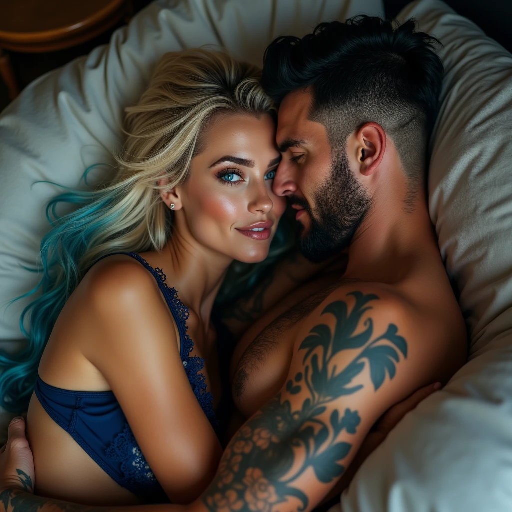 vivid, hd, zoomed out, a gorgeous smiling, Caucasian woman, long blonde hair with blue hair ends, blue eyes, beautiful makeup and contour, tattoos, big breasts, seductively kissing on a bed, wearing lingere, kissing a handsome white man with jet black hair with skin fade, short black beard, tattoos, blue eyes, athletic build, muscles