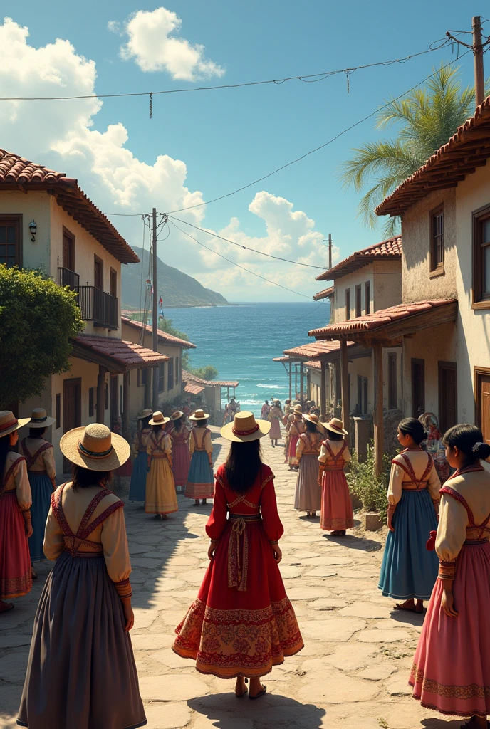 bottom: An ancient coastal town, with traditional houses and people dressed in typical Chilean costumes.
Main character: Valeria is in the middle of the scene, interacting with the inhabitants.
Additional Details: Traditional costumes must be detailed and authentic., with elements such as hats, embroidered blouses, etc.