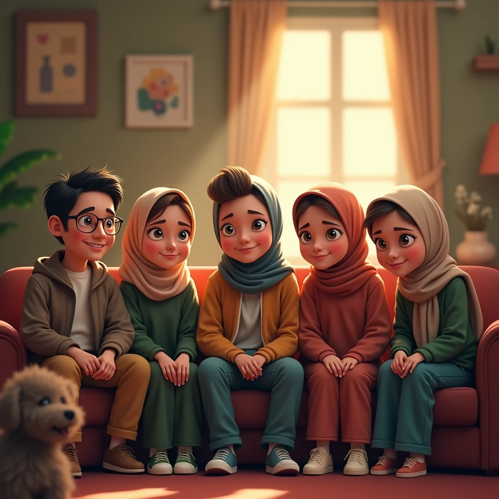 ((3 males sitting)) and ((3 hijabbed females sitting)), caricaturized, cute face, just concentrate, casual fashion, fantasy art, happy expression, extreme detail, masterpiece, cinematic lighting, 4k, indoor background